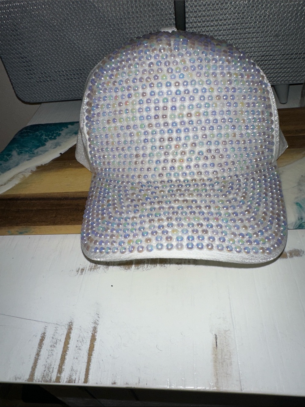 Iridescent Crystal Baseball Cap - White